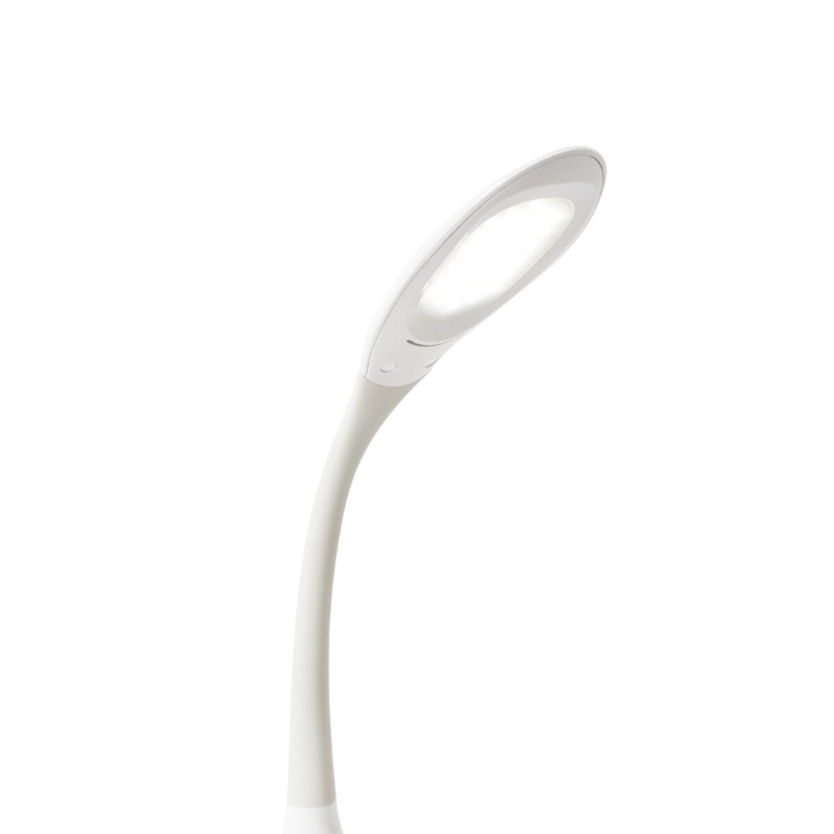 Eine weiße Schwanenhals-Schreibtischlampe mit beleuchtetem LED-Kopf.