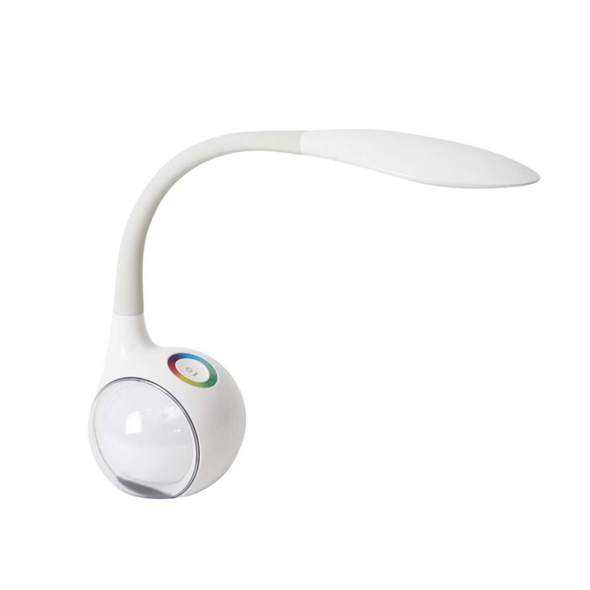 Eine weiße moderne Schreibtischlampe mit flexiblem Hals und rundem Fuß.