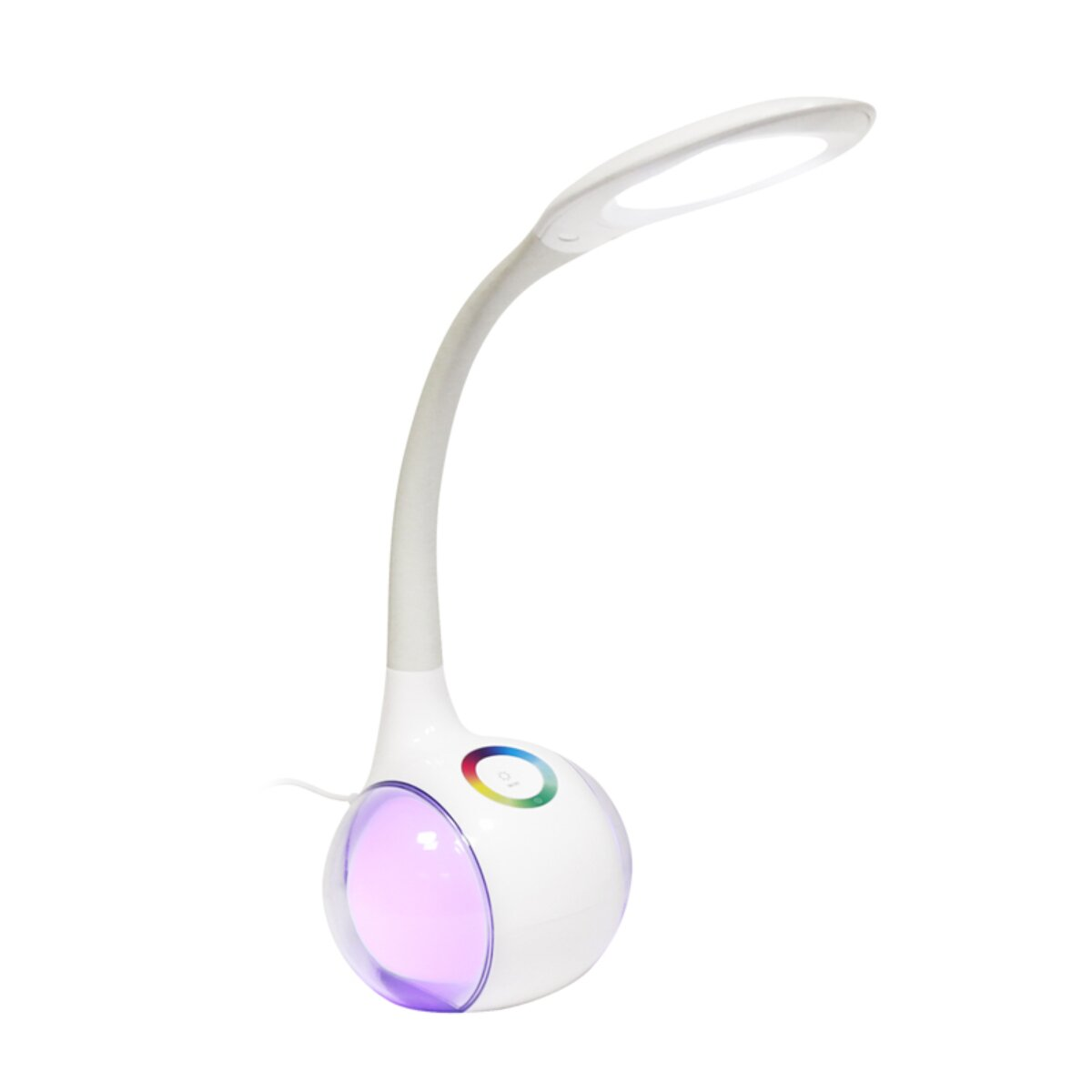 Eine weiße Schreibtischlampe mit flexiblem Arm und runder Basis, die lila leuchtet.