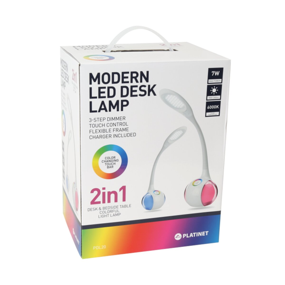Verpackung für eine moderne LED-Schreibtischlampe mit Funktionen wie 3-Stufen-Dimmer, flexiblem Rahmen.