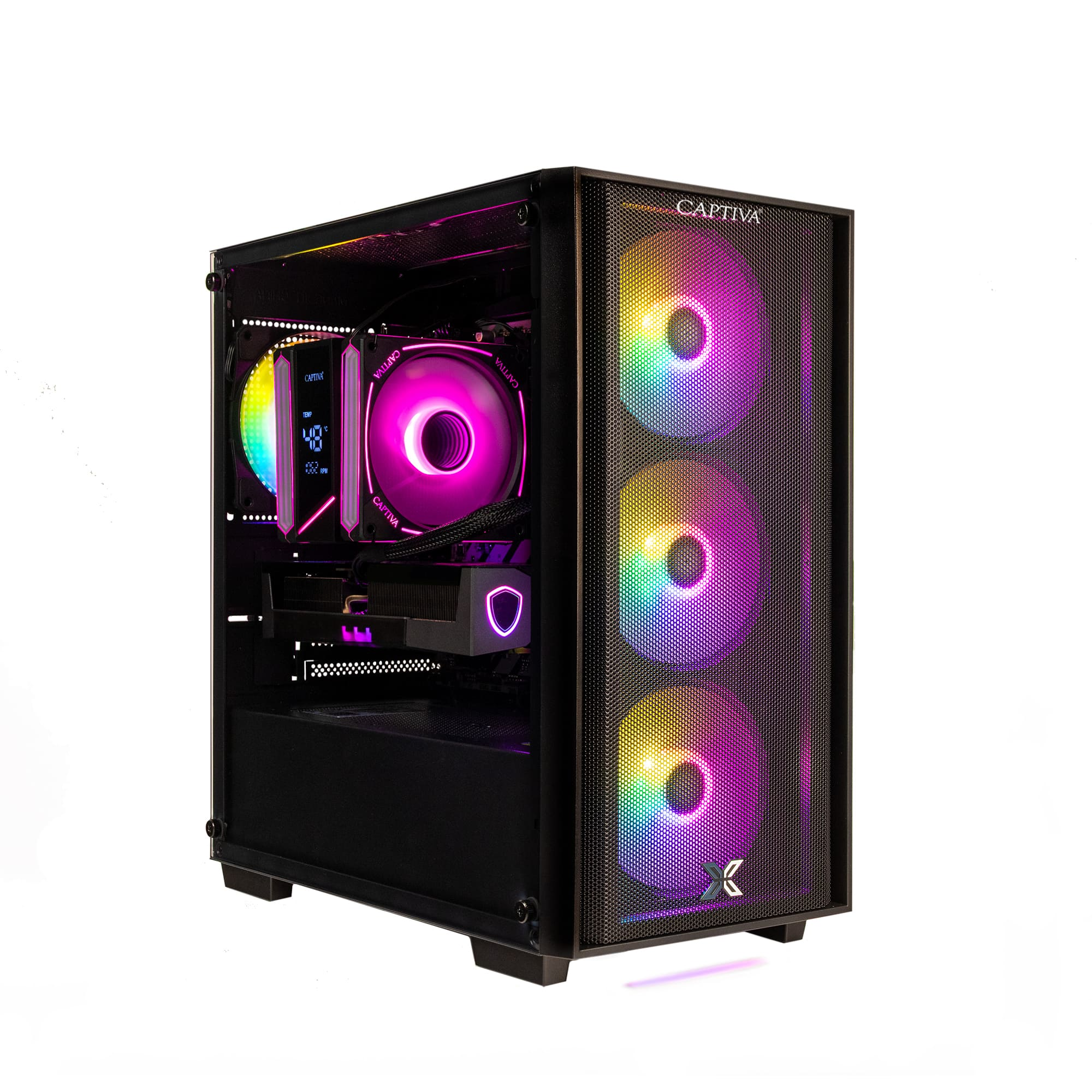 Ein schwarzes PC-Gehäuse mit leuchtenden RGB-Lüftern und Komponenten.