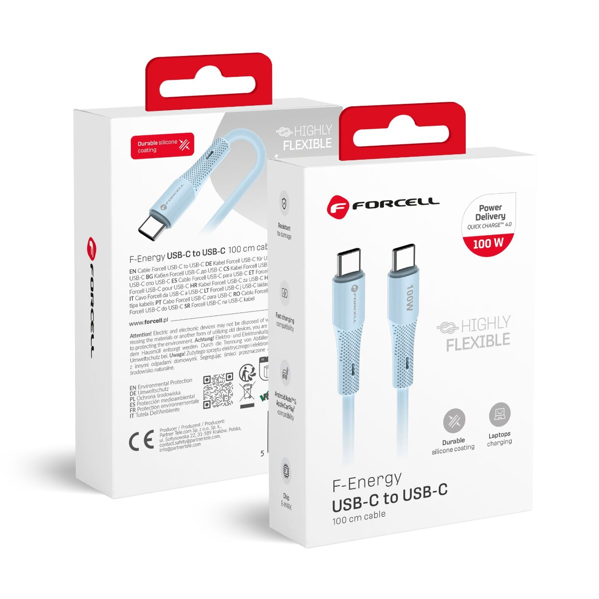 Zwei weiße USB-C-zu-USB-C-Kabel mit blauen Akzenten und Verpackung.