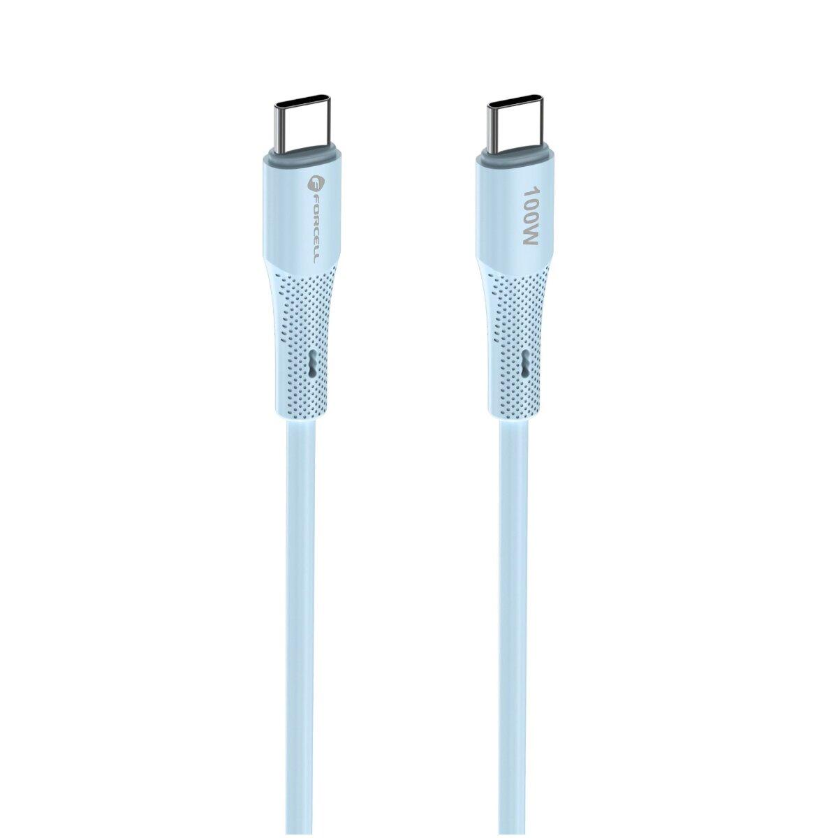 Zwei hellblaue USB-C-Kabel mit Textur und Beschriftung.