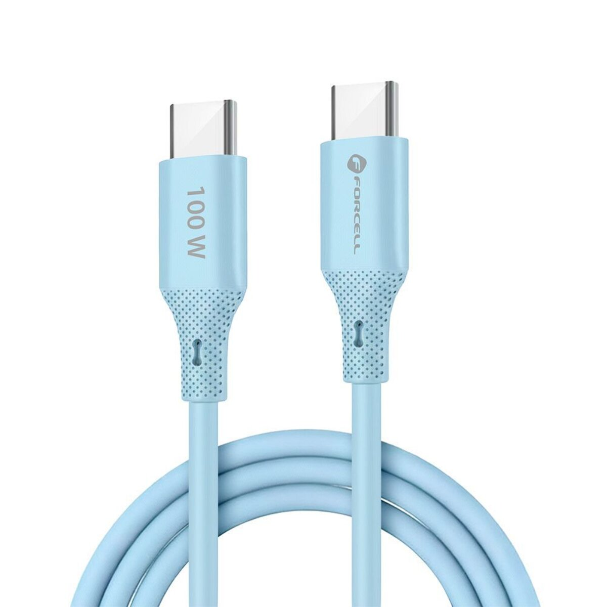 Zwei hellblaue USB-C-Kabel mit 100W-Aufschrift und dem FORCELL-Logo.