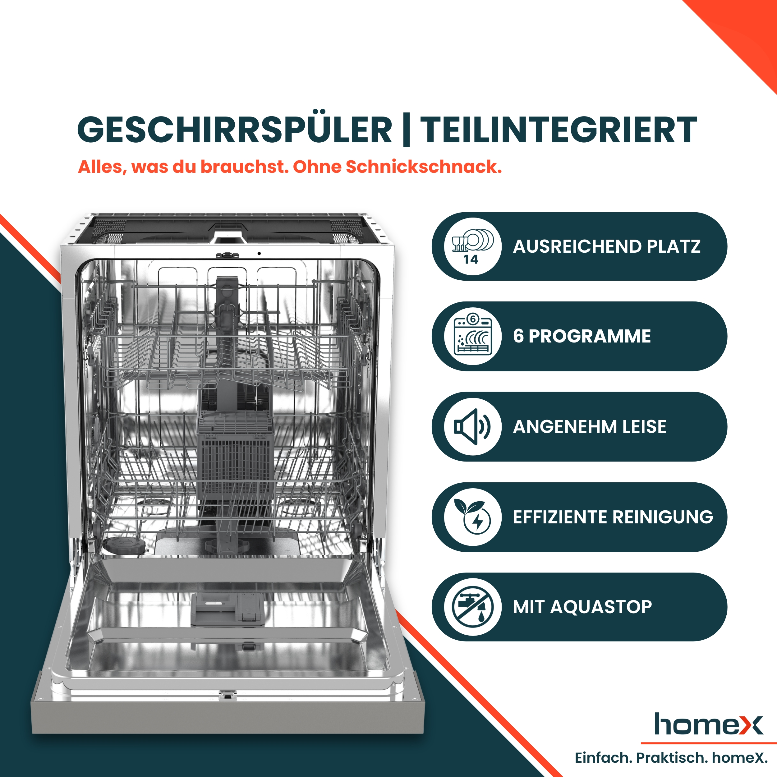 Ein teilintegrierter Geschirrspüler mit viel Platz, 6 Programmen, leise, effizient.