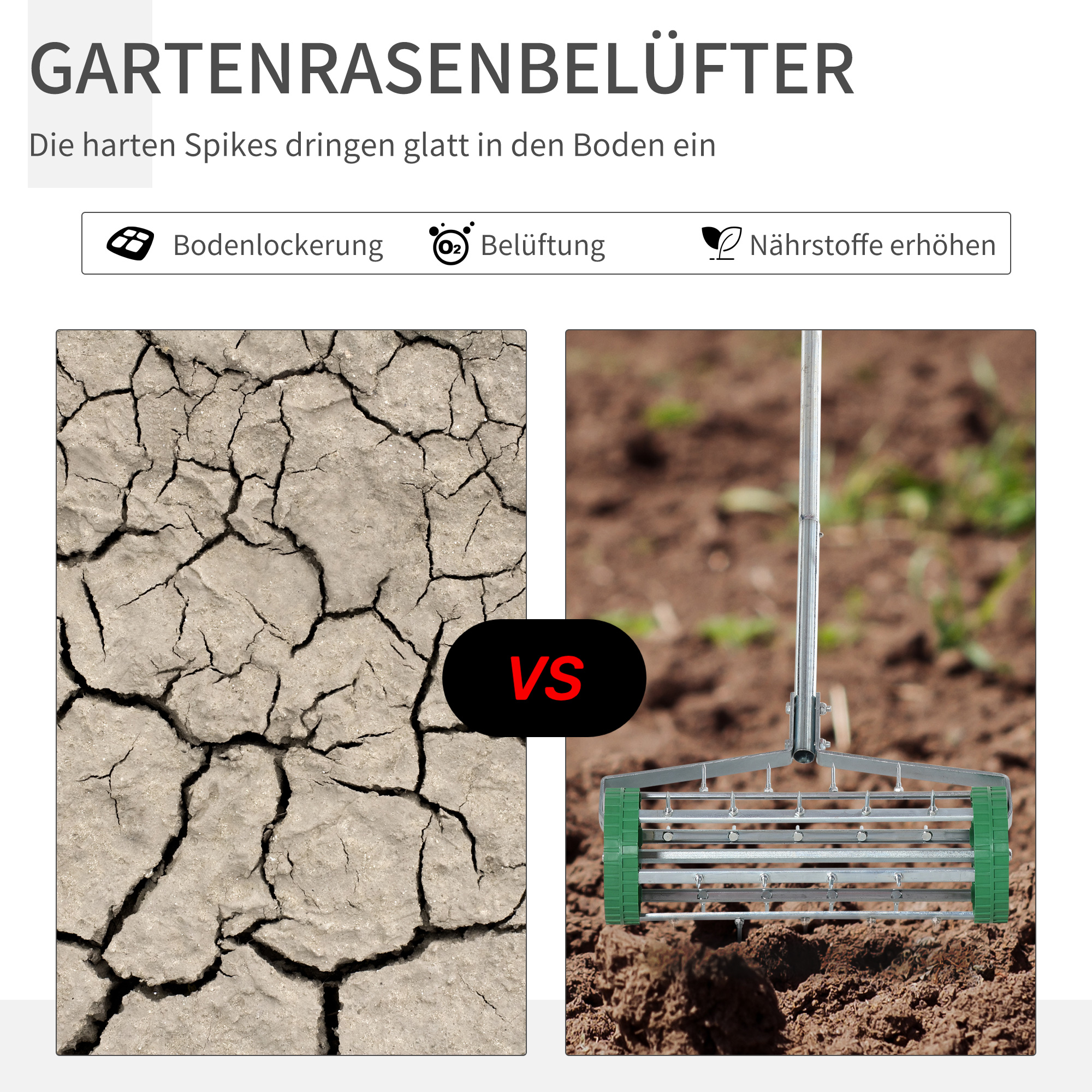 Trockener Boden mit Rissen links, Rasenlüfter mit Spikes rechts.