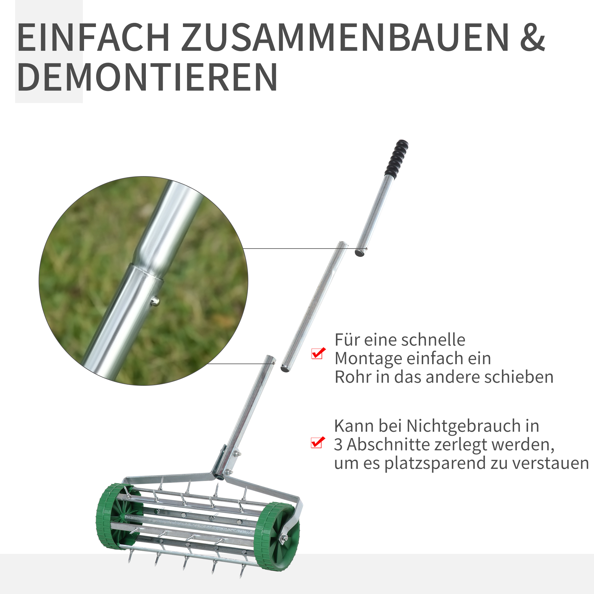 Ein Rasenlüfter mit grünen Rädern und Metallspitzen, zerlegbar für Lagerung.