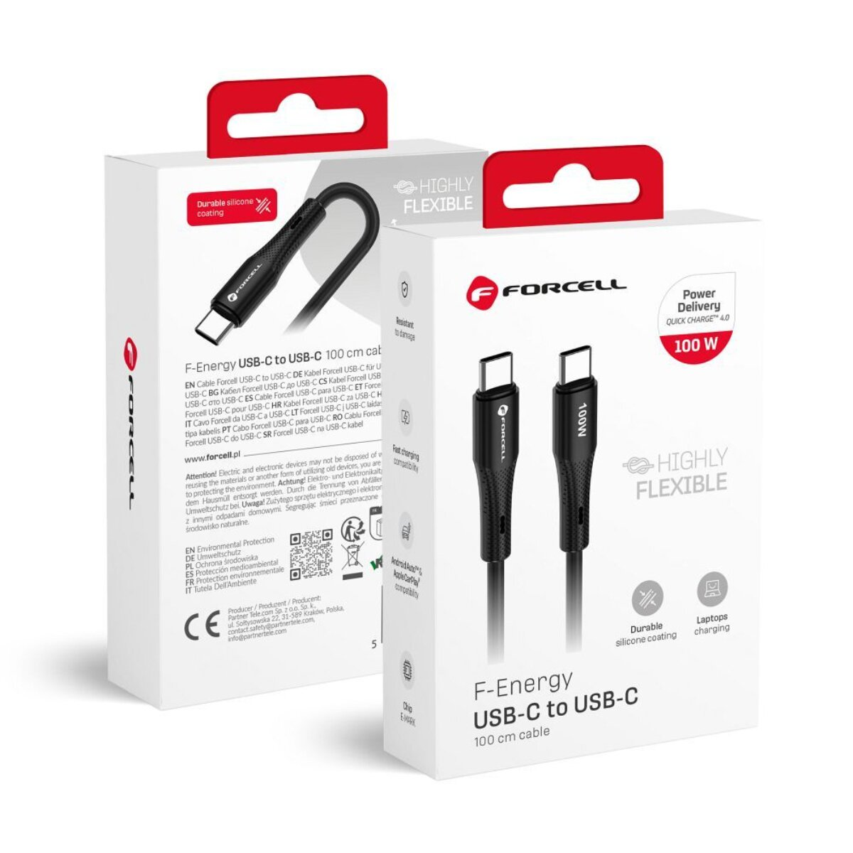 Zwei Forcell USB-C Ladekabel auf Verpackungen. Eines ist aus der Packung, das andere in der Packung.