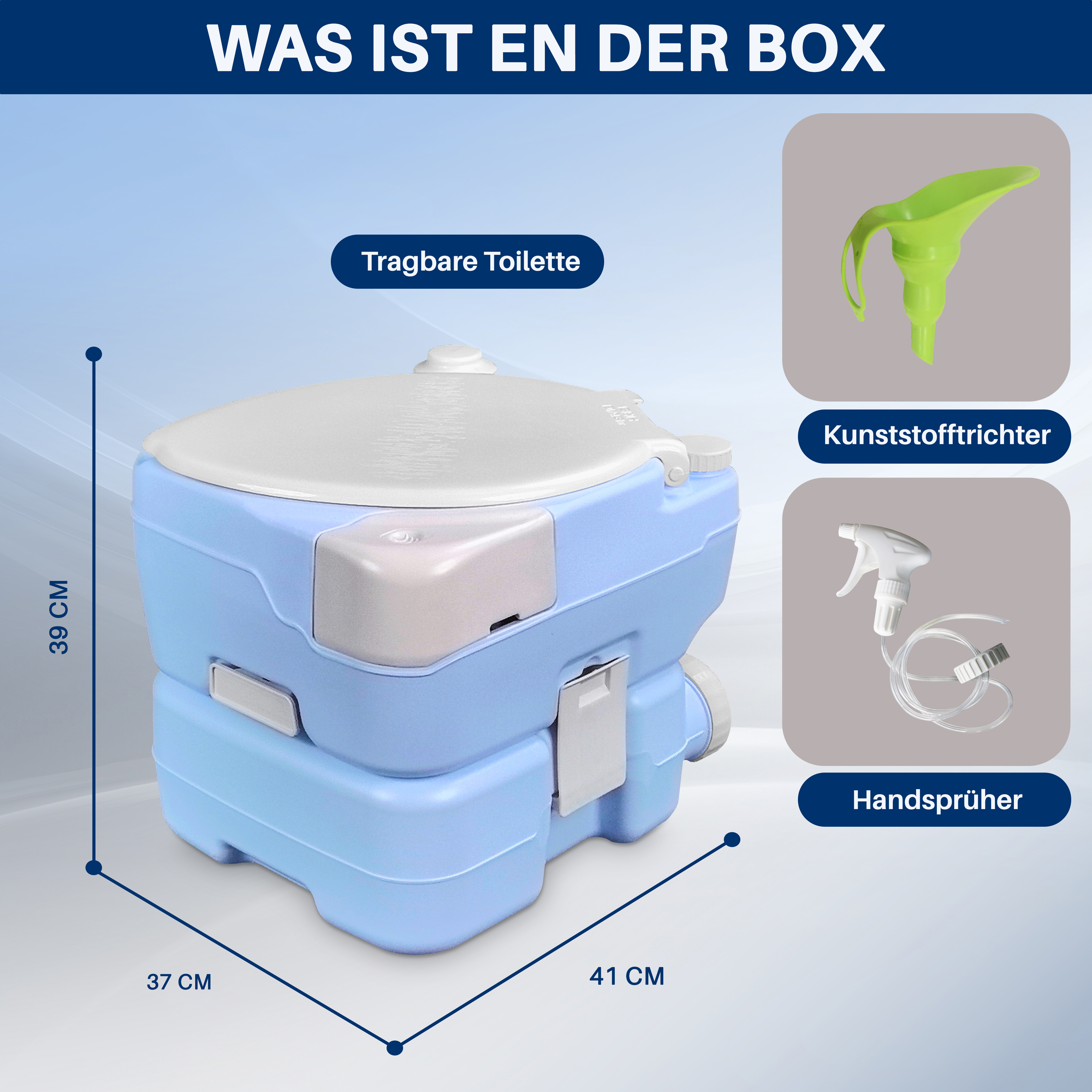 Eine blaue tragbare Toilette mit Maßen, einem grünen Trichter und Sprüher.