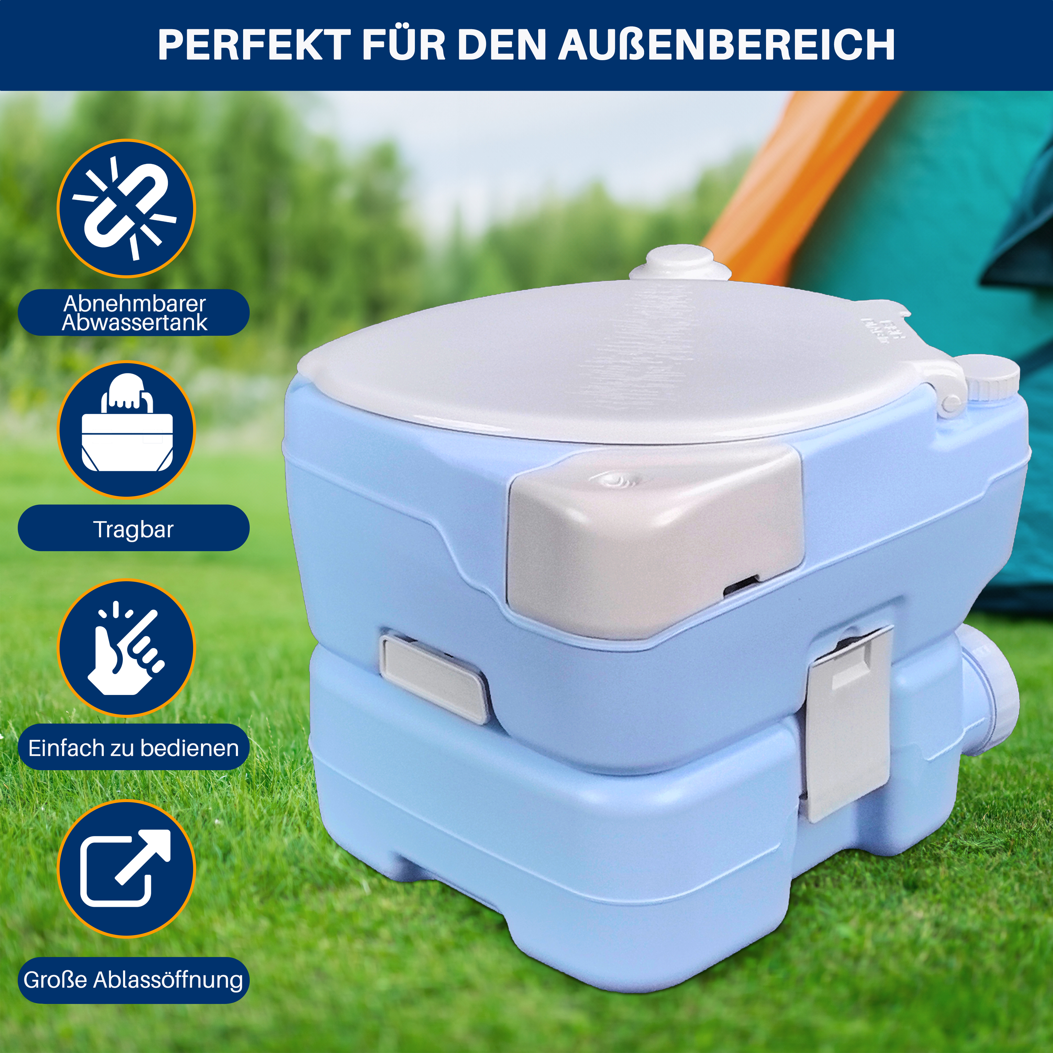 Blauer Campingtoilette mit abnehmbarem Tank, Tragbar, leicht zu bedienen.