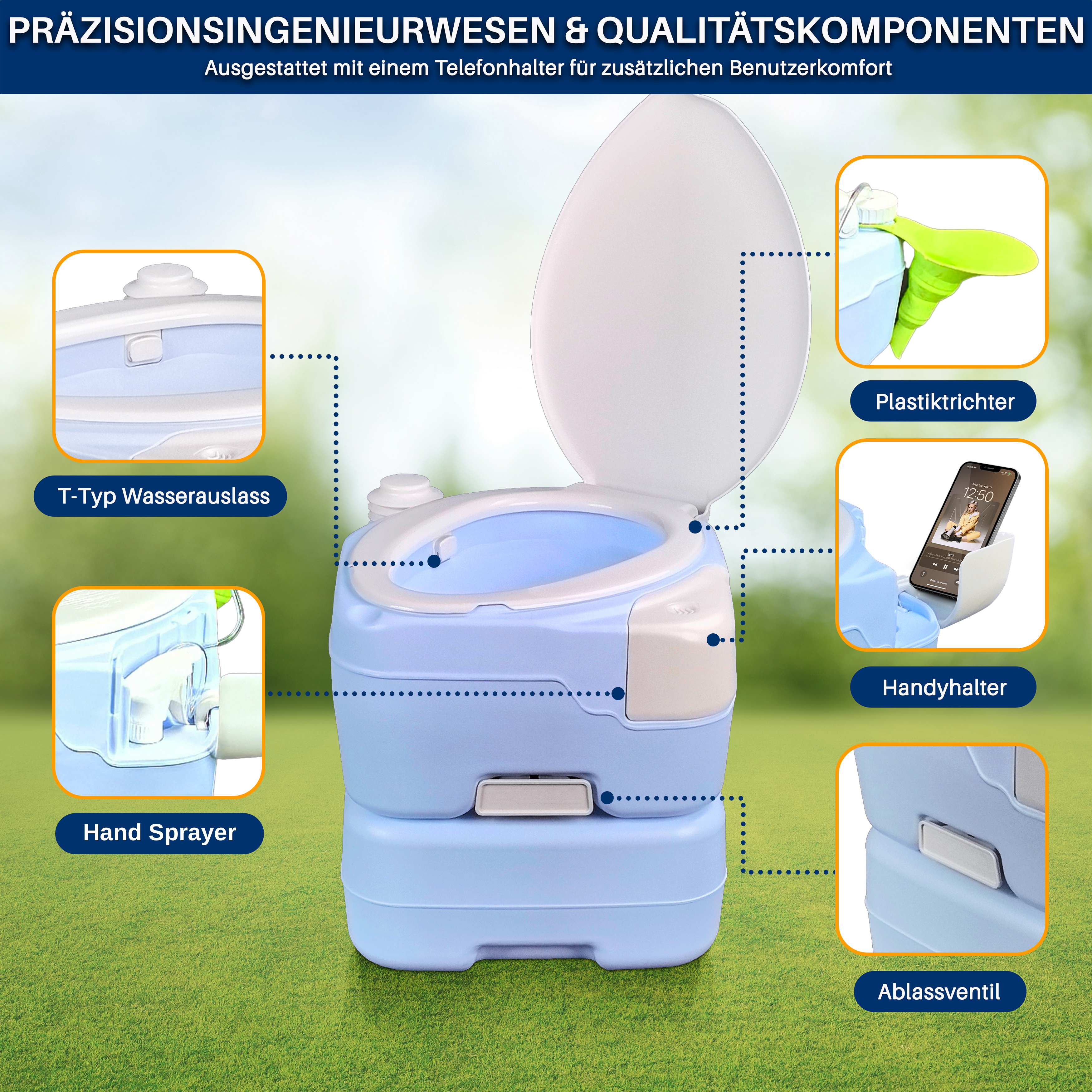 Ein blau-weißes tragbares WC mit Details wie T-Typ Wasserauslass, Hand Sprayer, Handyhalter, Trichter und Ablassventil.
