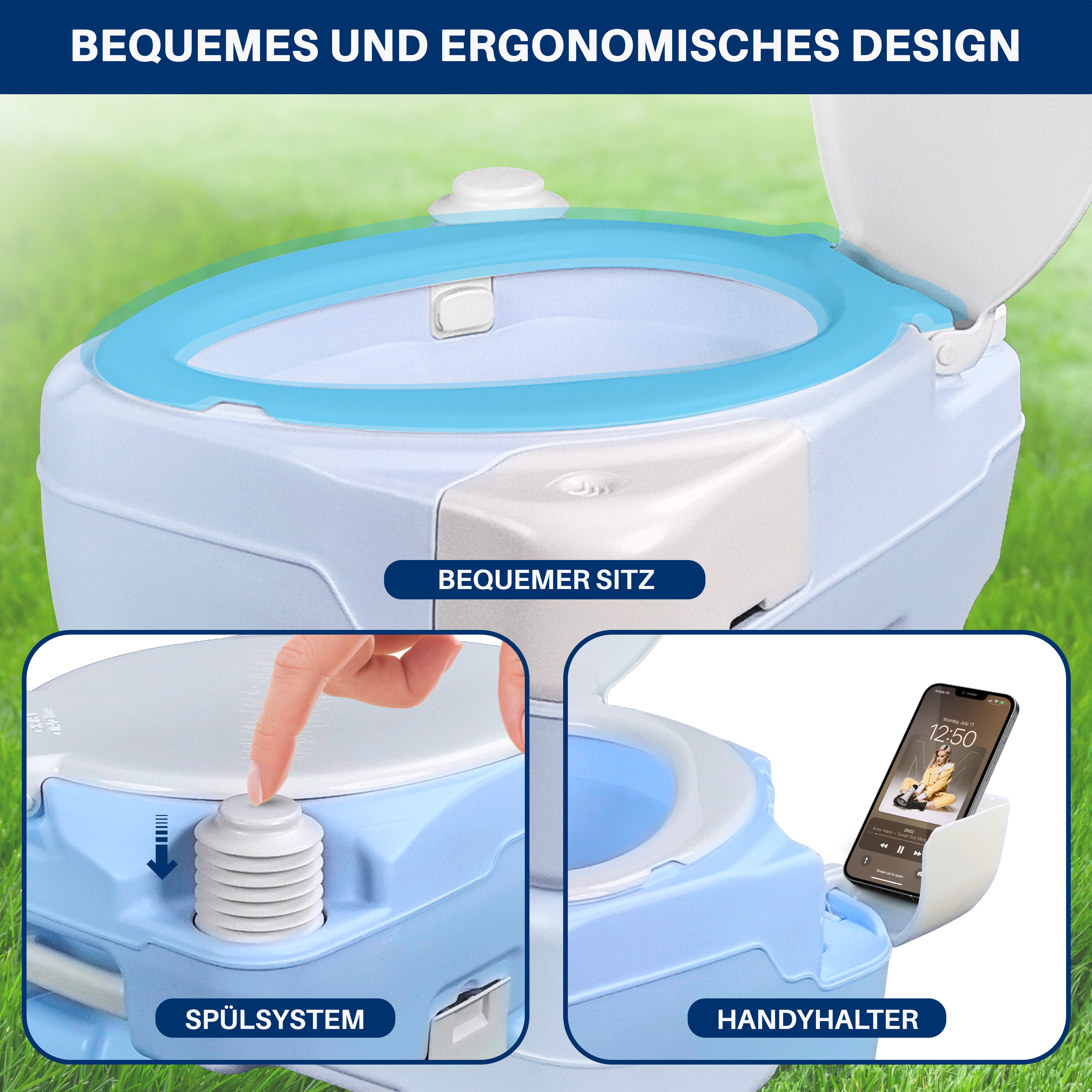 Ein tragbares WC mit blauem Sitz, Spülsystem und Handyhalter.