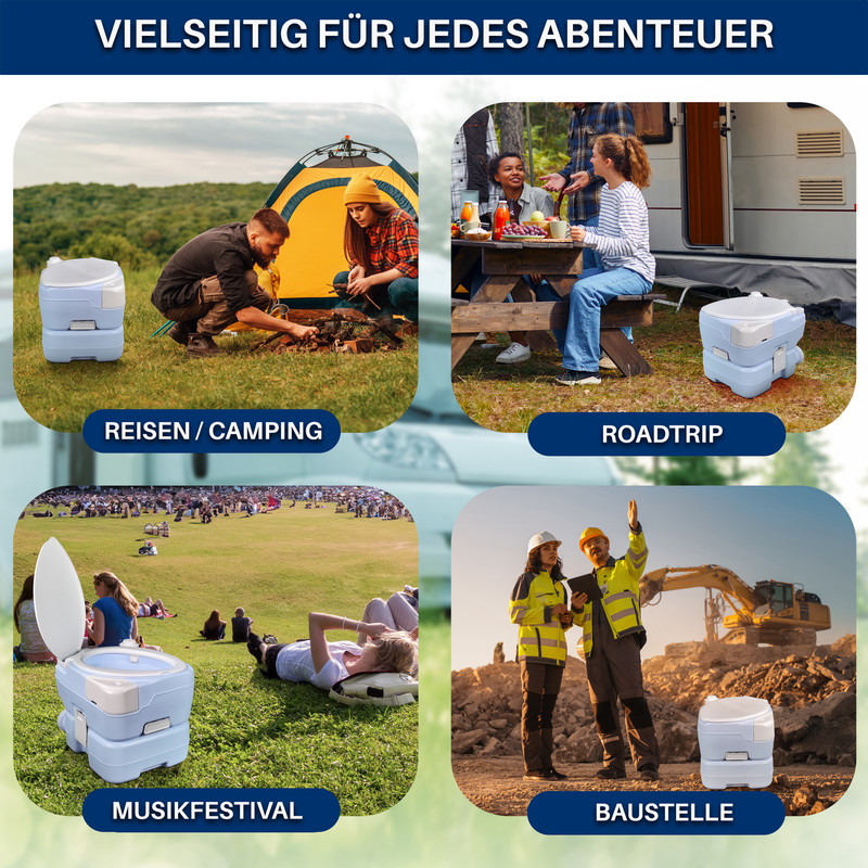 Vier Szenen zeigen mobile Toiletten in verschiedenen Umgebungen: Camping, Roadtrip, Festival, Baustelle.