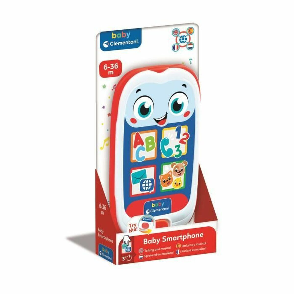 Uno smartphone per bambini Clementoni con pulsanti e facce colorate.