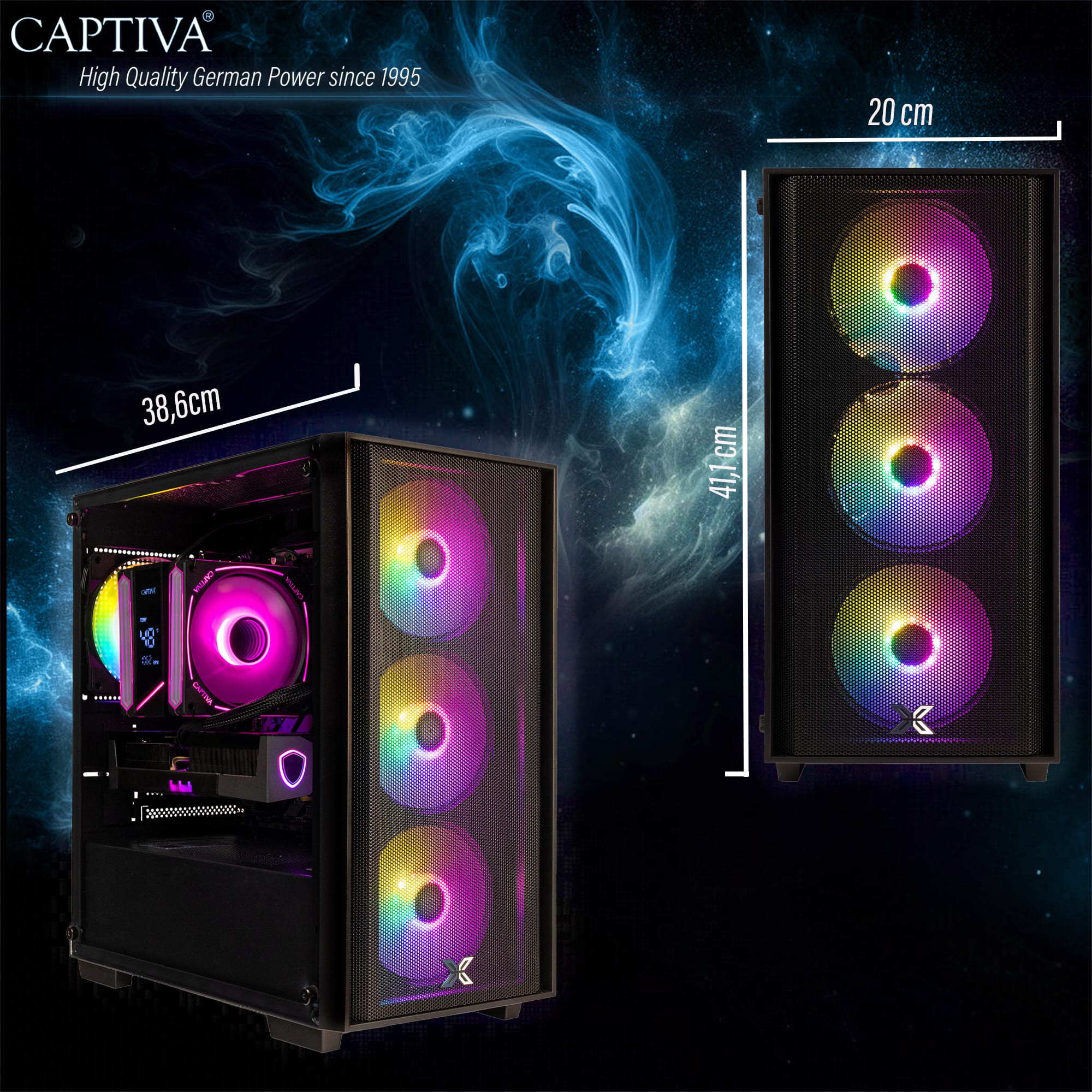 Un case PC nero con ventole RGB e dimensioni indicate.