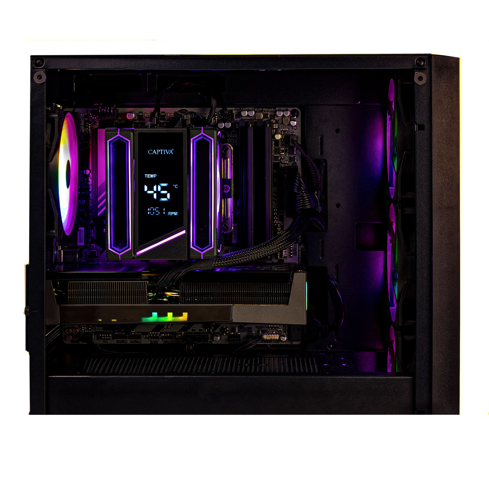 Un case PC aperto con ventole colorate e display CPU a 45°C.