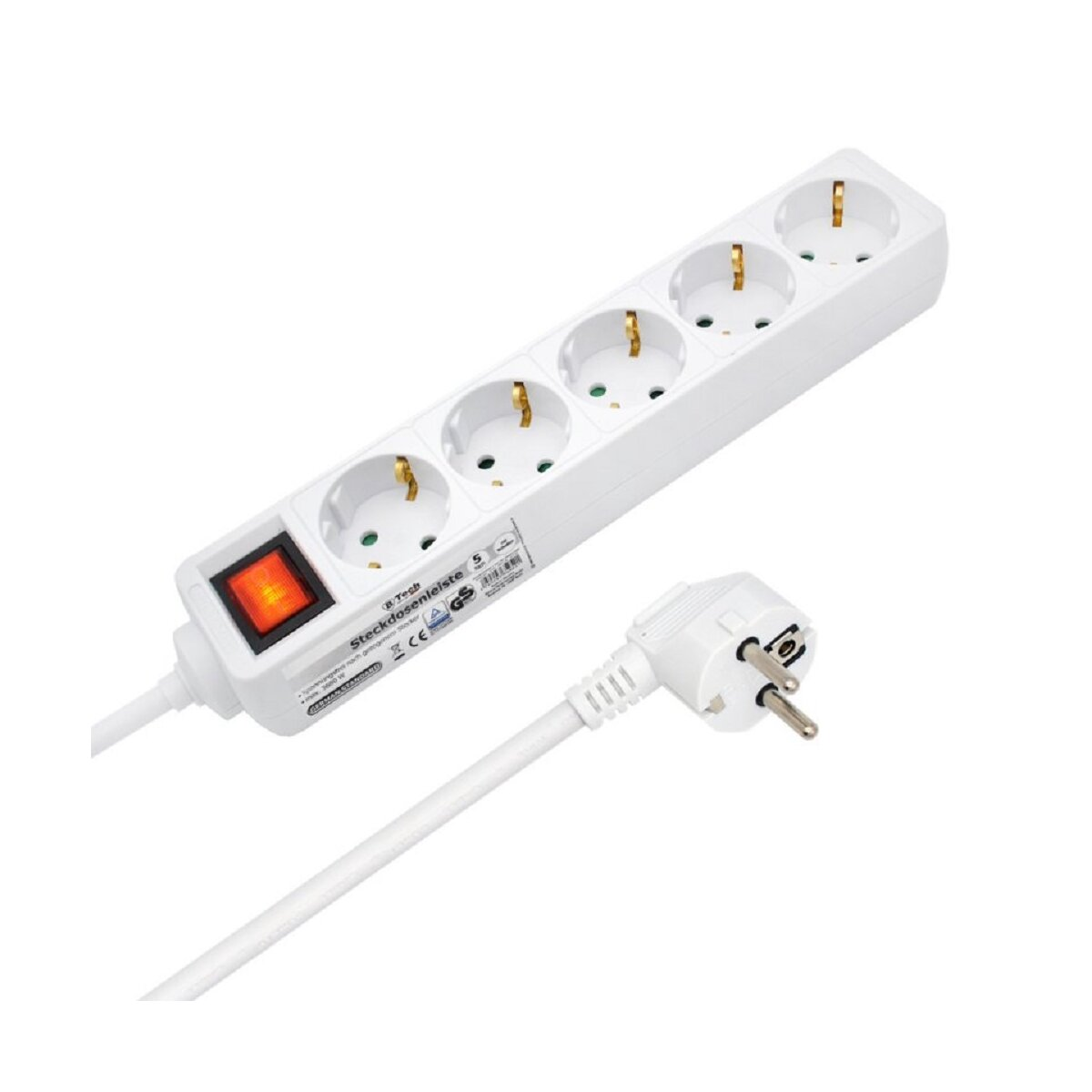 Weiße Steckdosenleiste mit 5 Steckplätzen und rotem Schalter. Weißes Kabel mit Stecker.