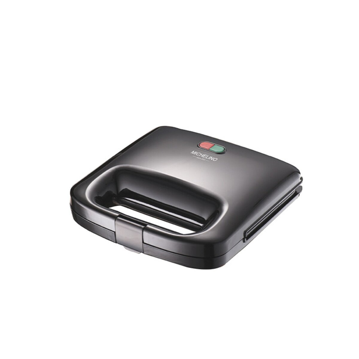 Schwarzer Sandwichmaker mit Griff und zwei Kontrollleuchten.