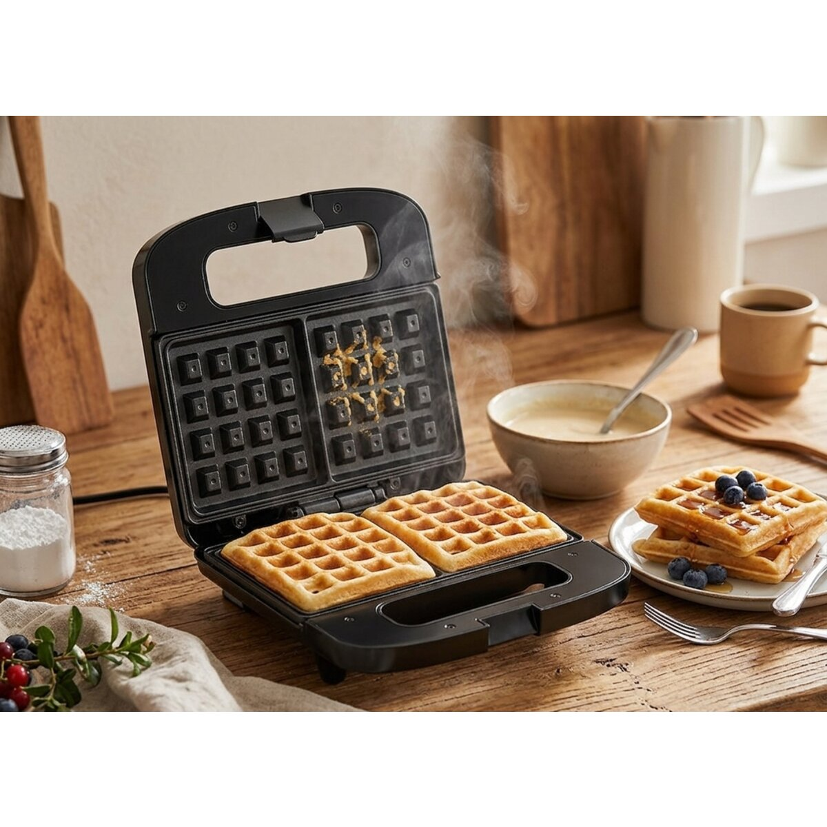Ein schwarzer Waffelautomat mit Dampf, zwei fertige Waffeln und Teig in der oberen Hälfte.