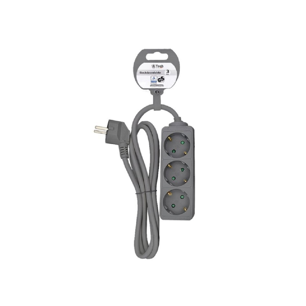 Graues Verlängerungskabel mit drei Steckdosen und einem Stecker.