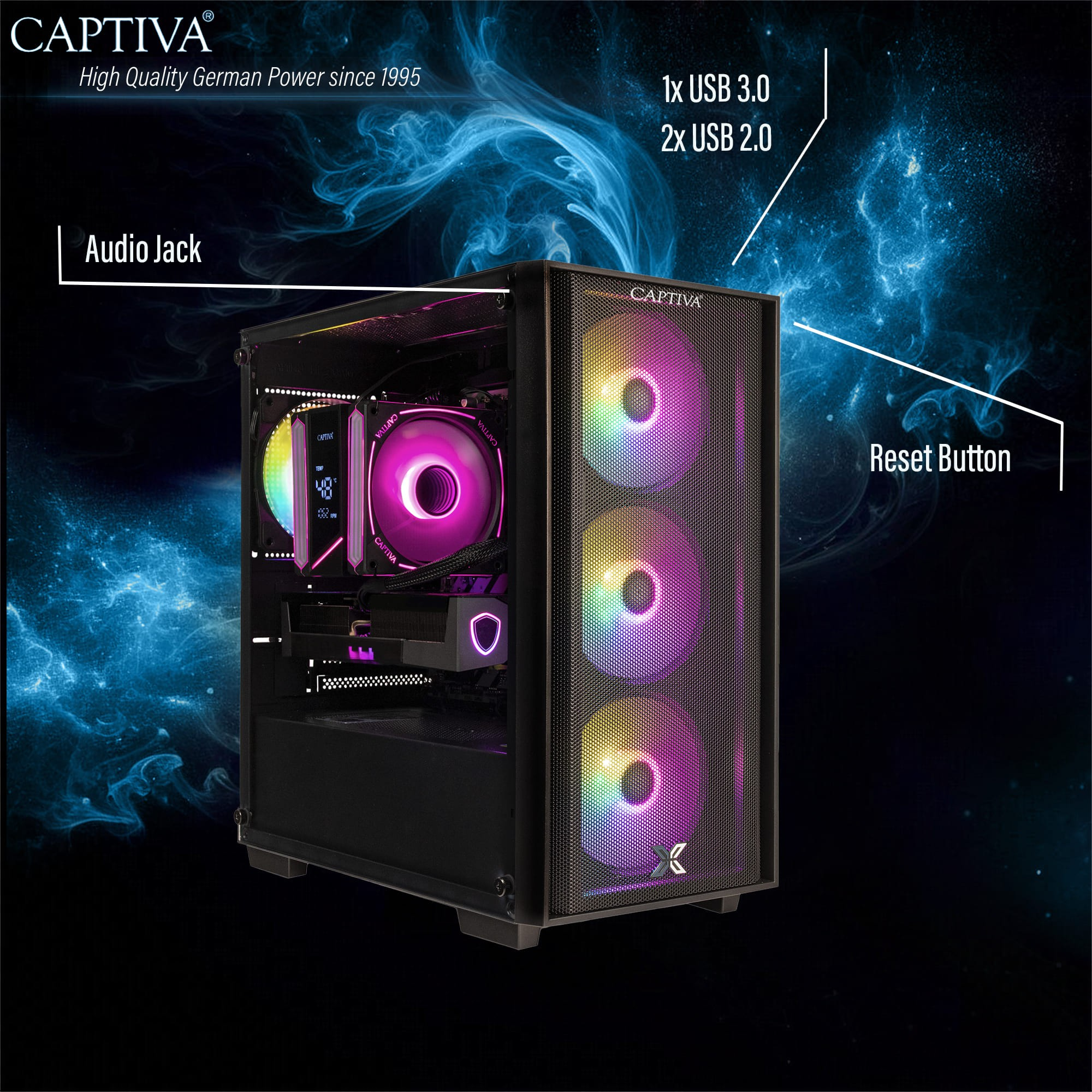 Un PC nero con illuminazione RGB e grafica di fumo blu sullo sfondo.