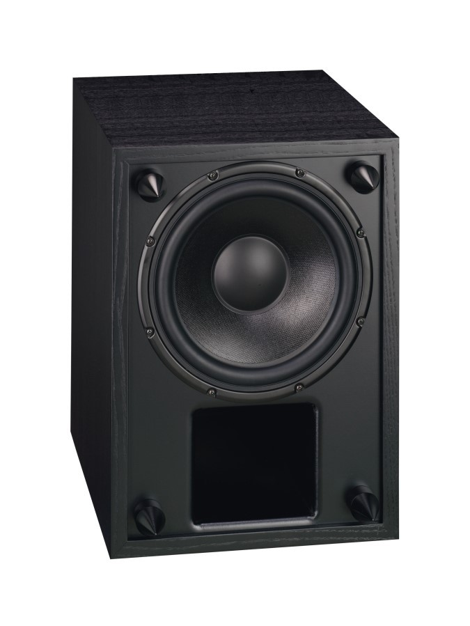 Czarny subwoofer ze srebrnymi śrubami i czterema kolcami.