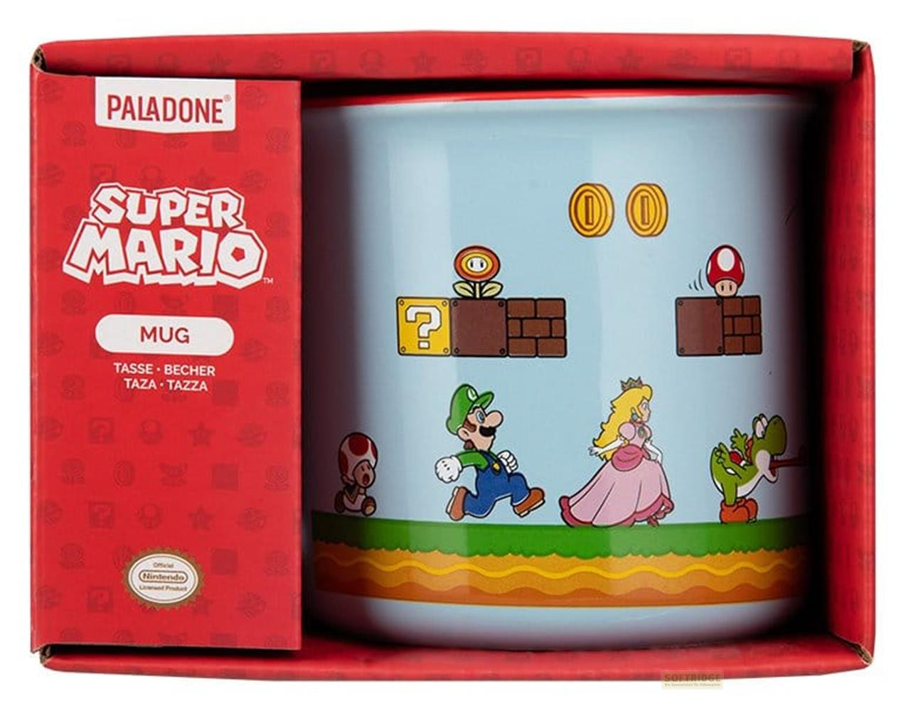 Super Mario Becher mit Mario, Prinzessin Peach, Yoshi, Toad und Münzen auf blauem Grund.