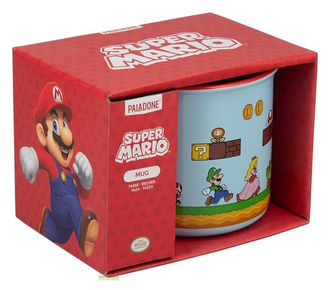 Super Mario Becher in roter Schachtel mit Mario an der Seite. Becher zeigt Mario-Figuren.