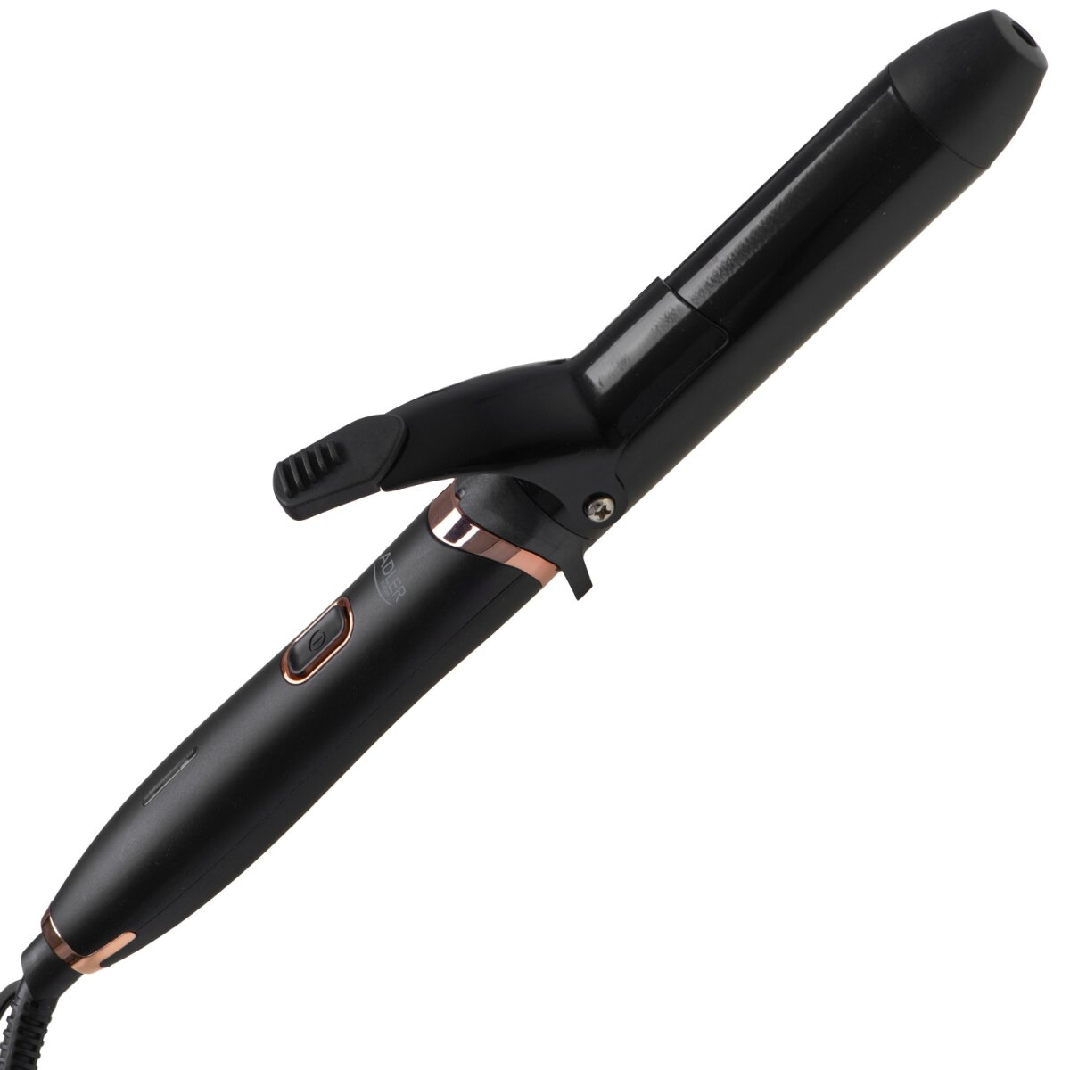 Un arricciacapelli nero con accenti oro rosa e un pulsante.