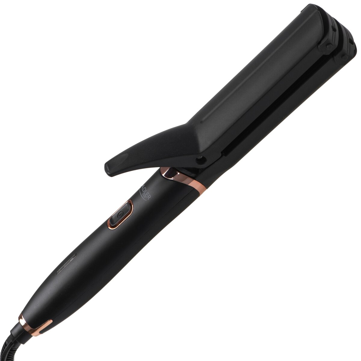Un arricciacapelli nero con accenti oro rosa, su sfondo bianco.