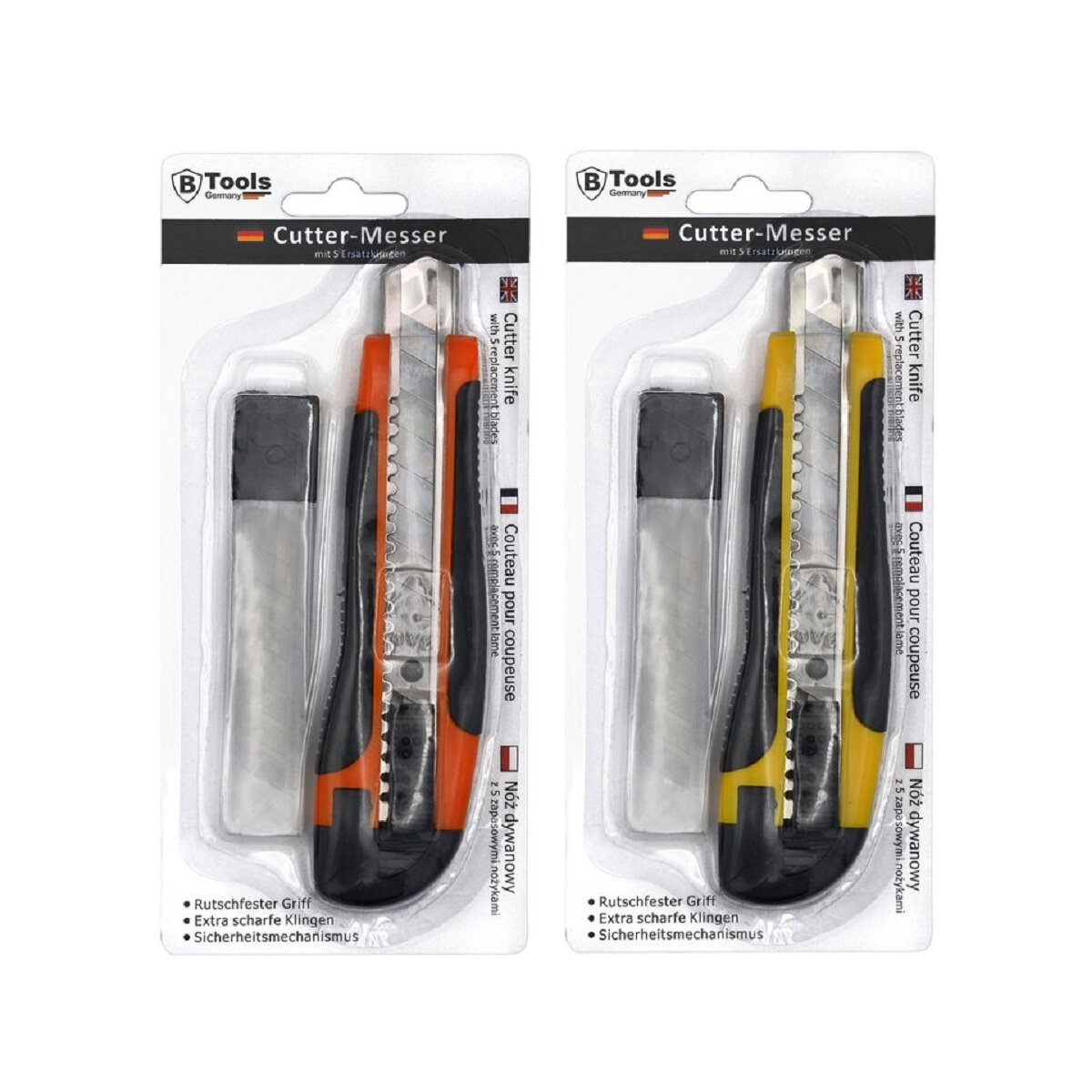 Zwei Cuttermesser-Sets mit je einem Messer (rot/gelb) und 5 Ersatzklingen.