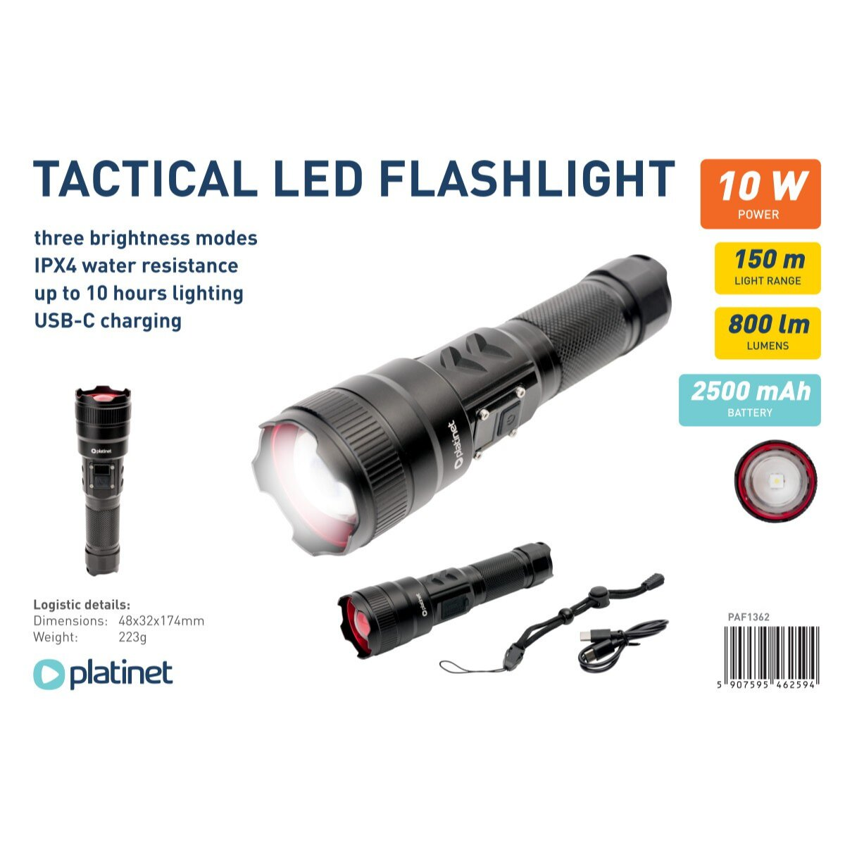 Linterna LED táctica con USB-C, 10W, alcance 150m, 800lm, 2500mAh.