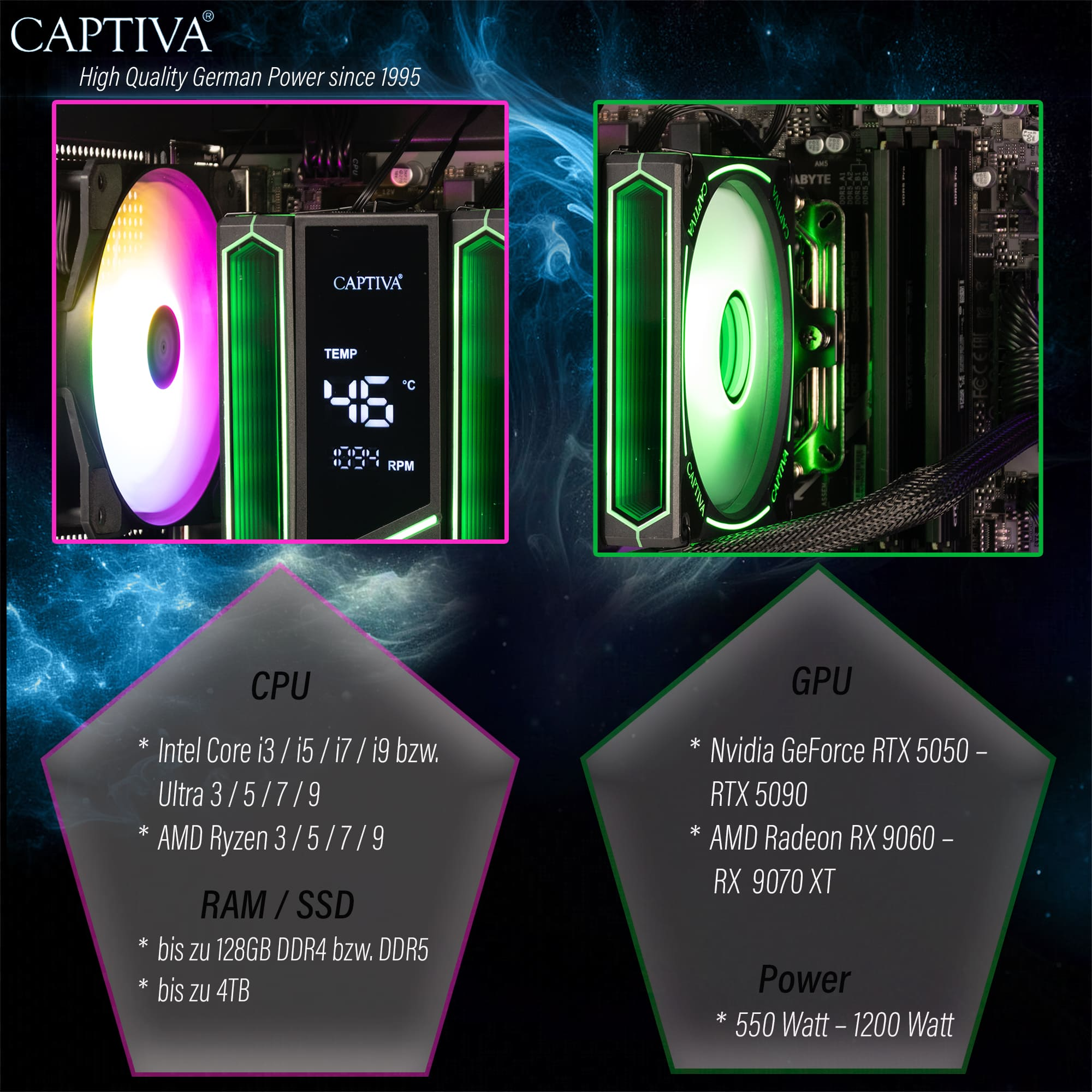 Due dissipatori CPU PC con illuminazione RGB, uno con display, con specifiche accanto.