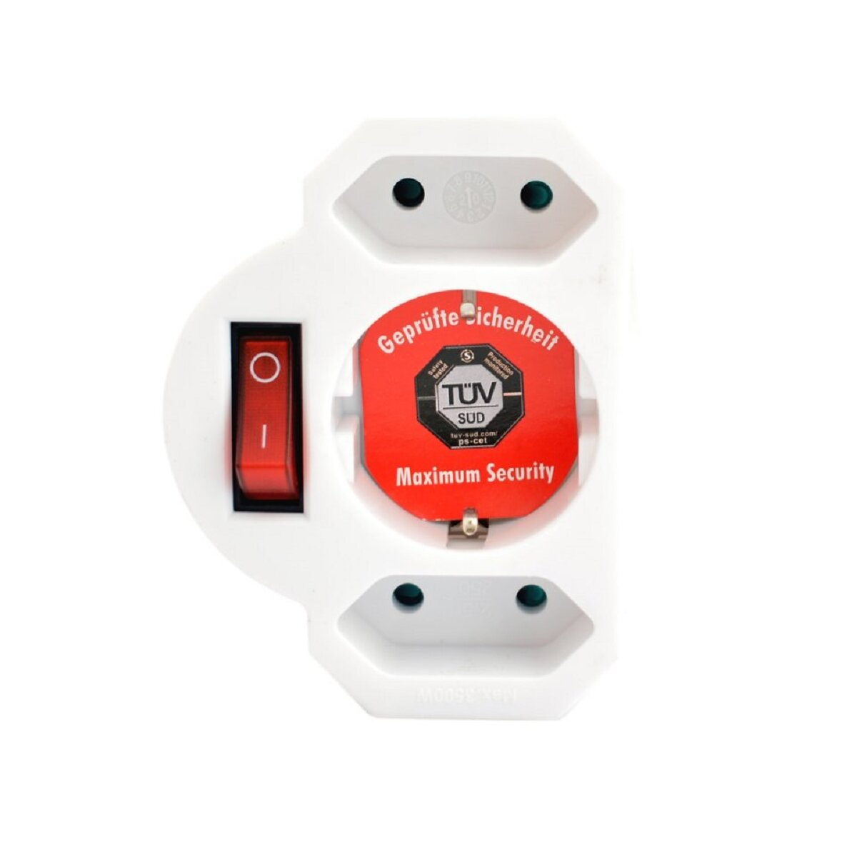 Ein weißer Mehrfachsteckdosenadapter mit rotem Schalter und TÜV-Siegel.