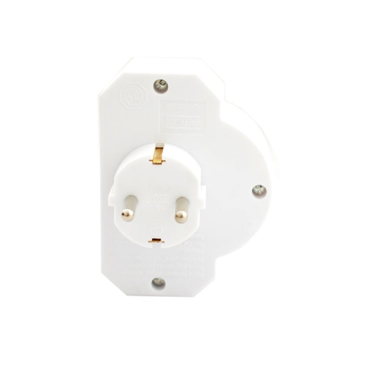 Ein weißer Steckdosenadapter mit einem runden Steckeranschluss.