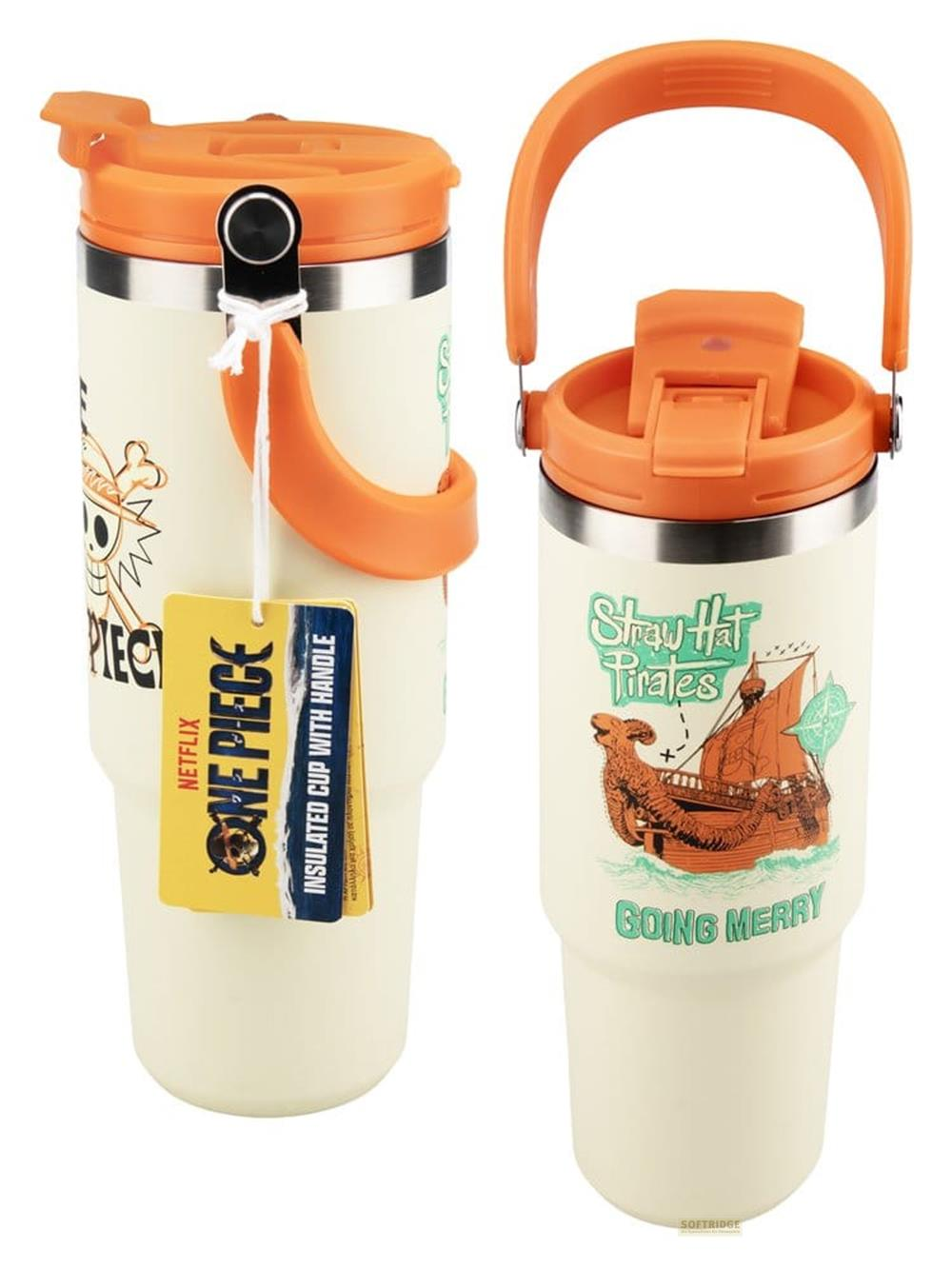 Zwei cremefarbene Becher mit orangefarbenen Deckeln und Griffen, One Piece-Motiv.
