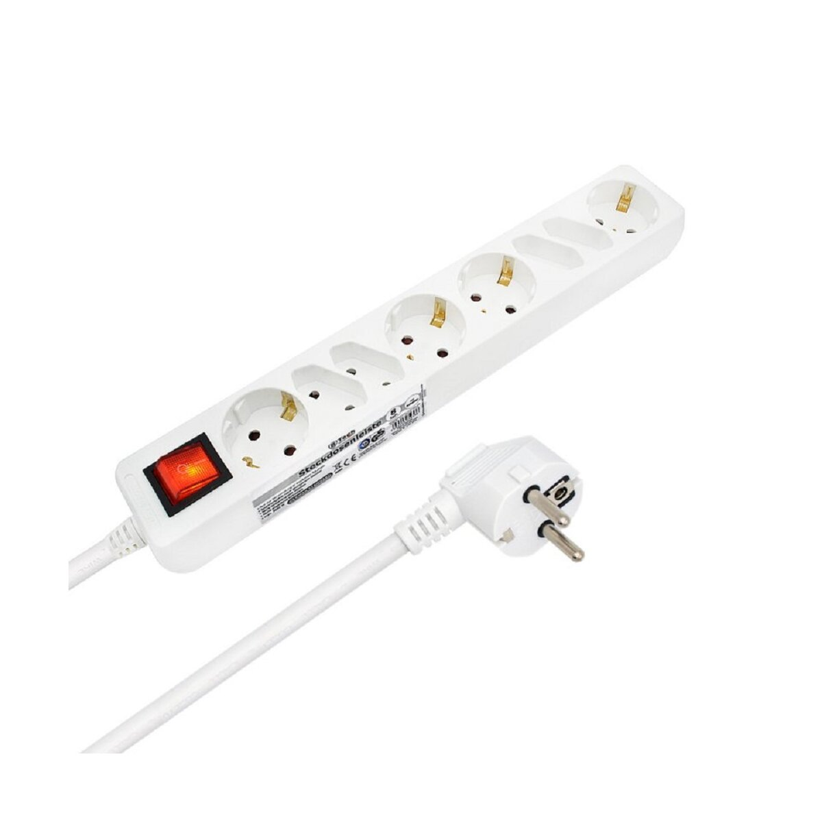 Weiße Steckdosenleiste mit rotem Schalter und Stecker.