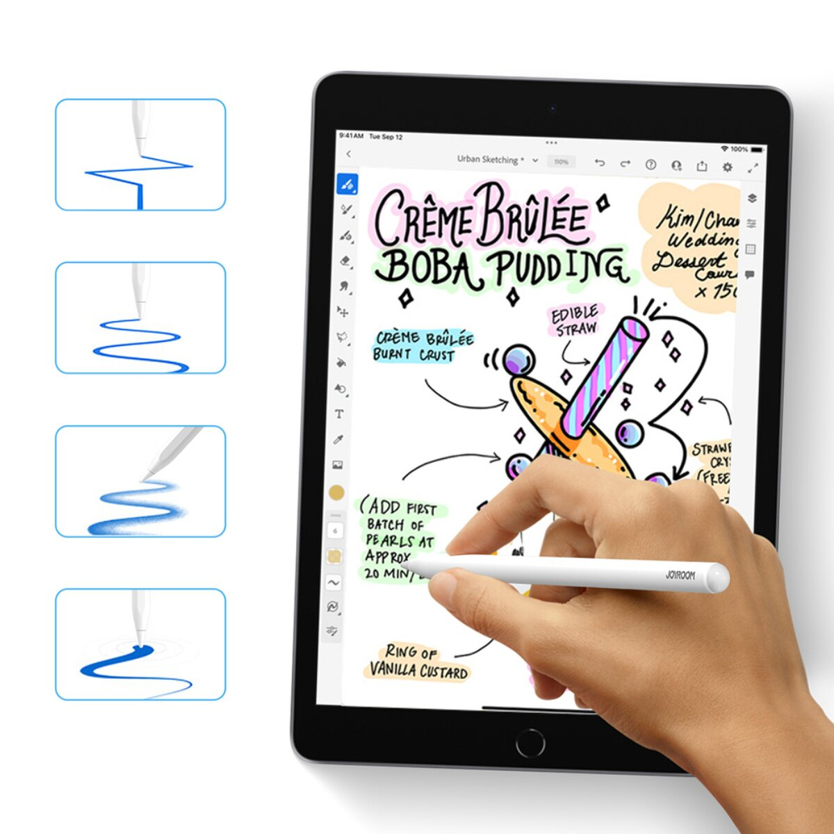 Hand hält ein Tablet mit einer Skizze von Crème Brûlée Boba Pudding.