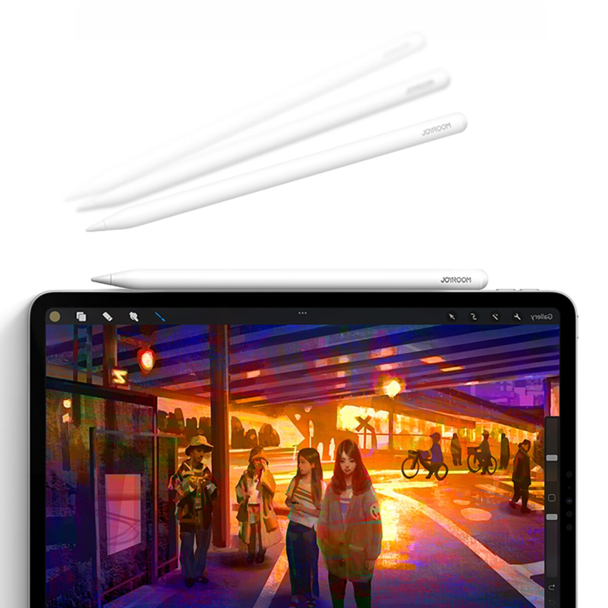 Ein weißer Eingabestift ruht auf einem Tablet mit einer digitalen Malerei einer Stadt bei Nacht.
