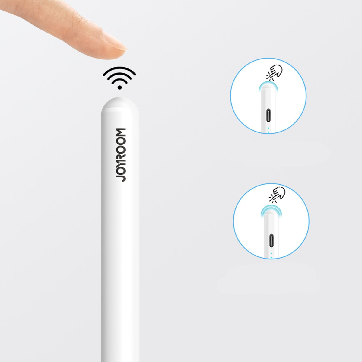 Ein Finger berührt einen weißen Stift mit WLAN-Symbol. Zwei Nahaufnahmen zeigen die Stiftspitze.