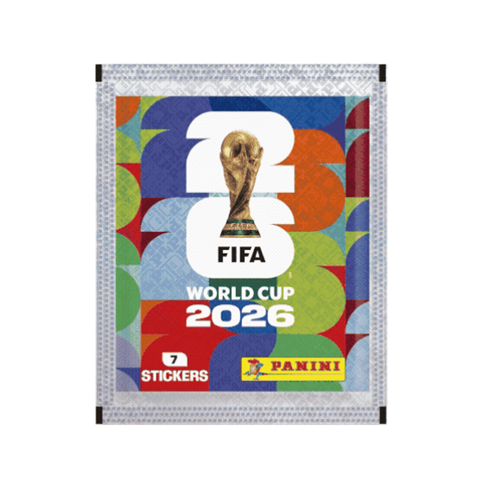 FIFA WM 2026 Stickerpackung mit Trophäe und Panini-Logo.