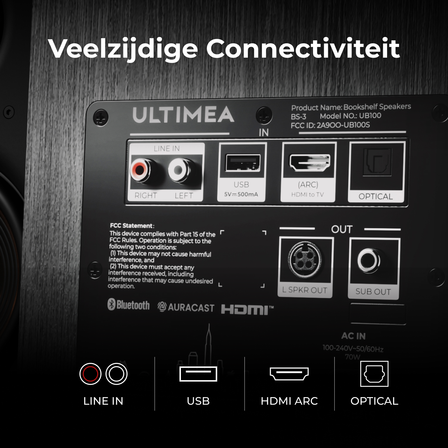 Achterkant van een luidspreker met connectiviteitspoorten: Line In, USB, HDMI ARC, Optisch.