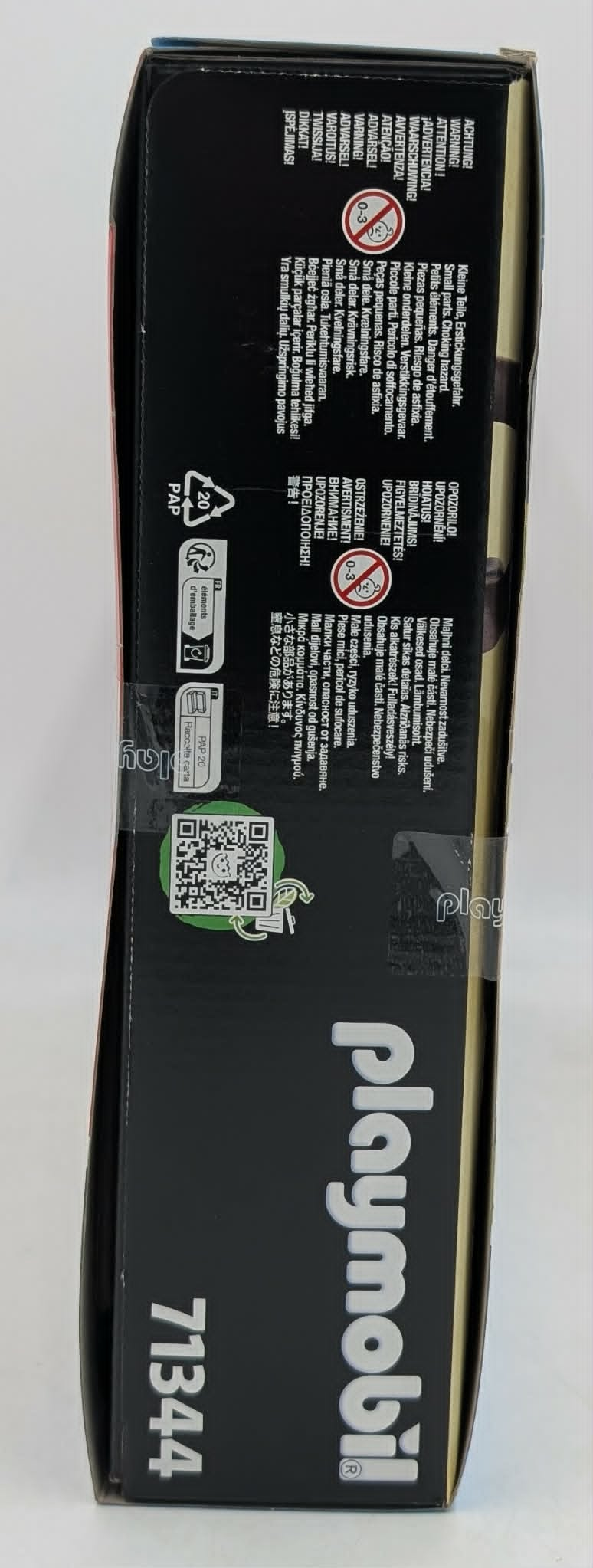 Czarne opakowanie Playmobil z numerem produktu 71344 i ostrzeżeniami.