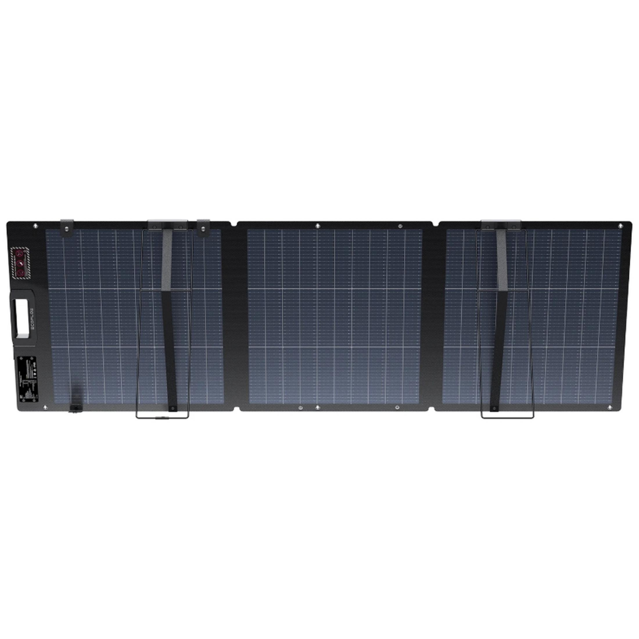 Un panel solar plegable con marco negro y celdas solares azules.