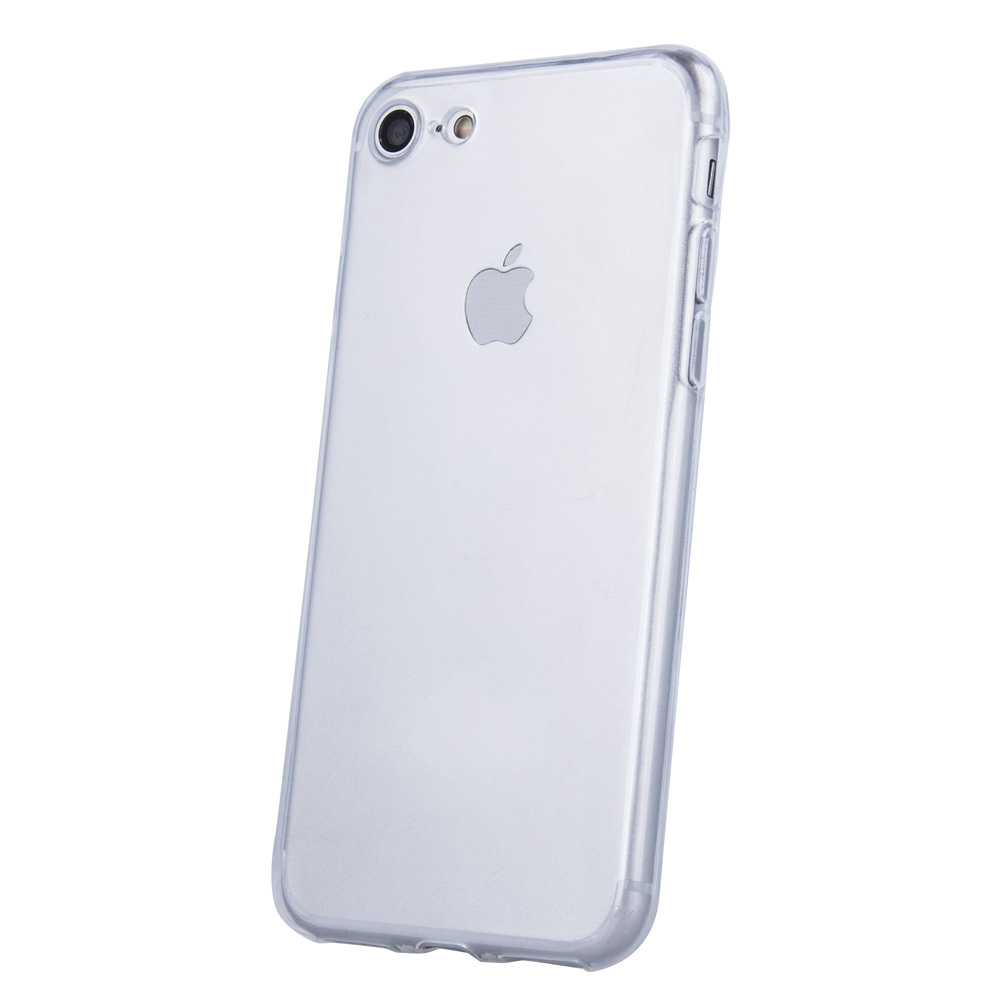 Ein durchsichtiges iPhone-Schutzhülle mit Apple-Logo auf weißem Hintergrund.