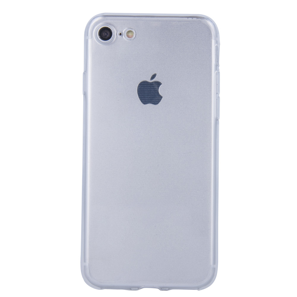 Rückseite eines durchsichtigen Schutzcovers für ein silbernes iPhone mit Apple-Logo.