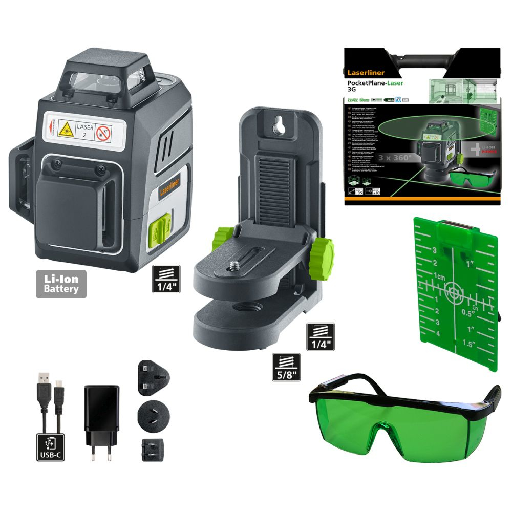 Laserliner-Nivelliergerät mit Zubehör: Halterung, Akku, USB-C-Kabel, Adapter, Zieltafel, Brille.