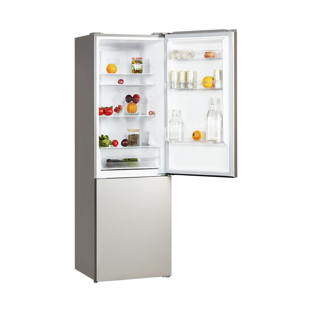 Offener Kühlschrank mit Lebensmitteln wie Obst, Gemüse und Eiern auf den Regalen.