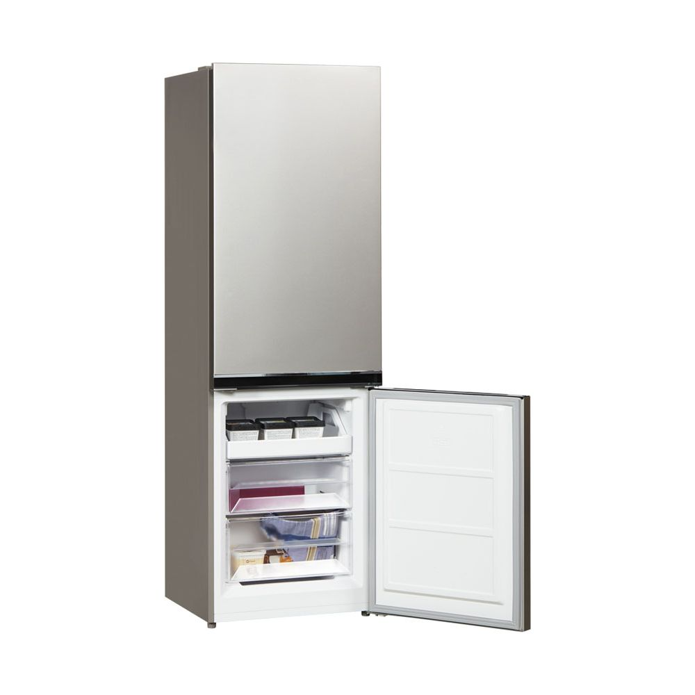 Ein silberner Kühlschrank mit geöffneter Gefriertür und Fächern.