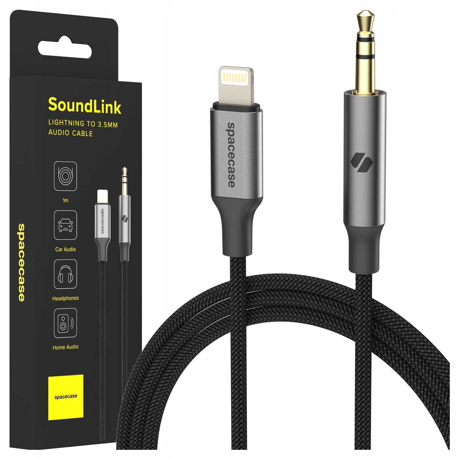 Czarny kabel ze srebrnymi złączami Lightning i 3,5 mm. Zapakowany.